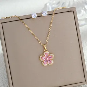 CDD Brilliant Zirconia Stone Trendy Flower Jewelry Colorful Crystal Pendant Necklace Earrings Set For Women