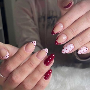 Uñas Postizas Cortas en Forma <span class=keywords><strong>de</strong></span> Almendra con Diseño <span class=keywords><strong>de</strong></span> Puntos Rojos y Ojo <span class=keywords><strong>de</strong></span> Gato, Estilo Francés, para <span class=keywords><strong>Manicura</strong></span> - Product Image 1