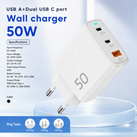 Adaptateur secteur Cantell 50W double Type-C 1 port USB-A, chargeur mural EU US UK, 25W PD, 25W QC3.0, adaptateur Type C, chargeur GaN 50W