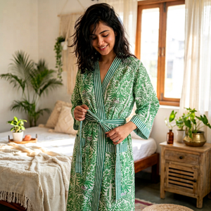 Bata de algodón con estampado floral verde para mujer, manga larga, cuello en V, largo completo, ropa informal, tela suave tejida, lavado a mano - Product Image 1