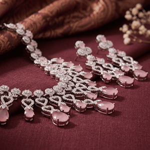 Impresionante conjunto de collar de latón plateado con diamantes americanos y gotas de piedra color melocotón pastel, y pendientes a juego para mujer. - Product Image 2