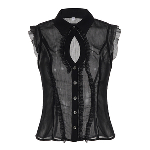 Elegante Blusa Casual de Cuello Alto Transpirable de Chifón Tejido con Spandex/Poliéster, Estampado Digital y Recortes Transparentes de Color Liso - Product Image 6