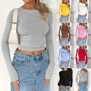 Nouveau T-<span class=keywords><strong>shirt</strong></span> Décontracté pour <span class=keywords><strong>Femme</strong></span>, Couleur Unie, Col Rond, Manches Courtes ou Longues Ajustées - Product Image 2