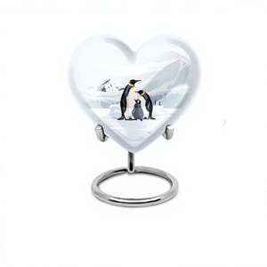 Grande urne de crémation blanche pour adultes avec cœur et pingouins pour cendres humaines Urne décorative en cœur avec support et sac en velours gratuit - Product Image 1