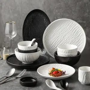 New Black And White Creative Stone Grain Round Ceramic Plate Hotel Restaurant Wedding Ceramic Tableware Porcelain Dinnerware Set