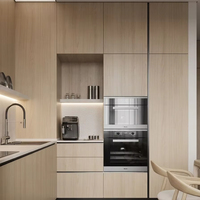 Meubles de cuisine modernes minimalistes en bois grainé avec four intégré et niche à café LED
