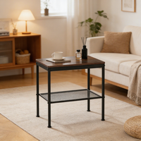 Table d'appoint industrielle à 2 niveaux, table d'appoint rustique en bois brun foncé avec cadre en métal noir et étagère en maille pour salon et chambre à coucher