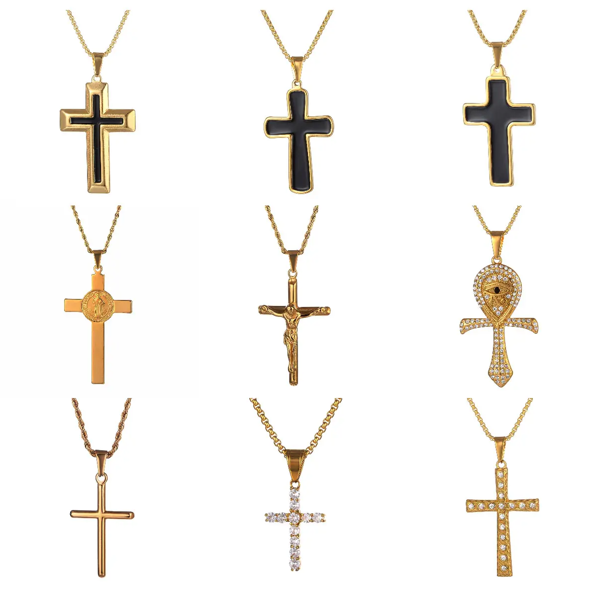 Custom Bling Diamond Zirconia Cross Pendant Necklace For Men 18k Gold Plated Stainless Steel Cz Crystal Crucifix Cross Necklace