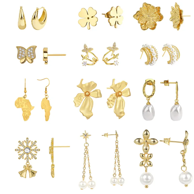 2023 Trend Custom Fashion Jewelry Ring Gold Plated Pearl Flower Butterfly Earrings Stainless Steel Earing