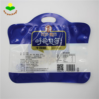 Sachet Doypack PET/AL/PE à poignée découpée, impression héliogravure, résistant à l'humidité, personnalisé pour l'emballage de 250g de snacks au tendon de bœuf