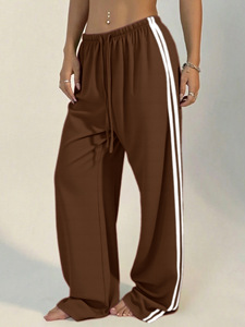Pantalones de chándal de mujer de cintura alta a rayas de pierna ancha, holgados e informales <span class=keywords><strong>con</strong></span> cordón y dobladillo dividido para ropa urbana y de descanso - Product Image 2
