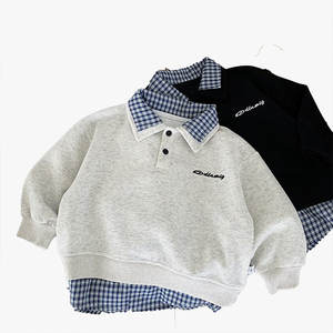 Sweat-shirt pour garçons et filles, enfants, printemps-automne, mode, tendance, chemise à carreaux à deux pièces, col polo - Product Image 6