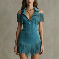Nouvelle Robe Bohème Rétro en Daim à Franges et Épaules Dénudées Style Western Chic avec Taille Cintrée et Mini-Jupe pour l'Automne 2026