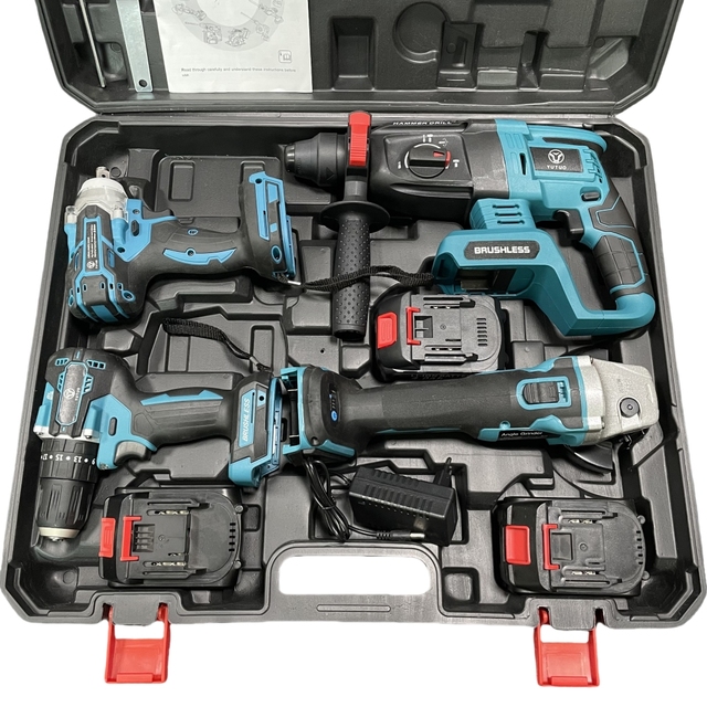 YUTUO Professional 4 in 1 Cordless Brushless Power Tool Set Impact Drill Wrench Hammer Driil Angle Grinder Plastic Box Combo Kit