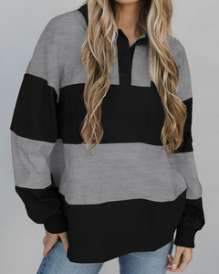Suéter Polo <span class=keywords><strong>de</strong></span> Manga Larga para Mujer, a Rayas, con Bloques <span class=keywords><strong>de</strong></span> Color, Estilo Casual, Holgado, para Otoño e Invierno, para Uso Diario - Product Image 1