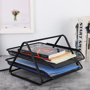 Two Tier Metal <b>File</b> Rack Wire Mesh Office Desk <b>Organizer</b> Storage Holder Black Silver 35x30x18cm - Product Image 1