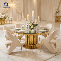 Italienischer Luxus-Esstisch mit Goldener Edelstahlbasis, Runder Bankett-Tisch, Moderne Hotel- und Hochzeitsmöbel, Glasplatte, Esszimmerstuhl-Set