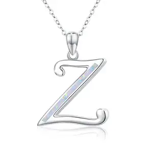 Texture Necklace Jewelry 925 Sterling Silver Initial Z Monogram Letter Pendant With Created Opal Alphabet Necklace