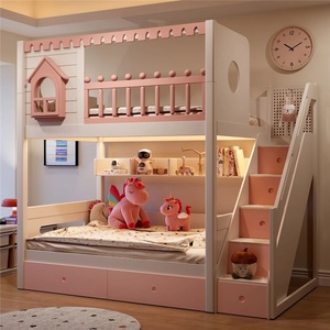 Cama litera estilo castillo <span class=keywords><strong>de</strong></span> cuento <span class=keywords><strong>de</strong></span> hadas JS <span class=keywords><strong>para</strong></span> <span class=keywords><strong>niñas</strong></span>, con estructura <span class=keywords><strong>de</strong></span> madera maciza resistente, tobogán, escalera, armario y doble cajón. - Product Image 3