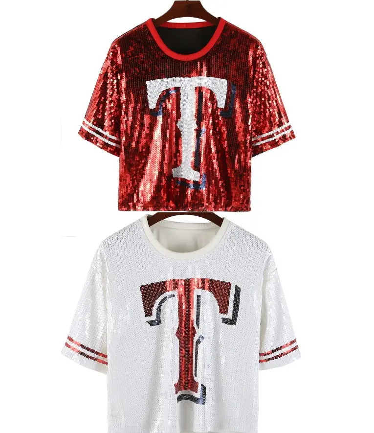 2024 novas camisas de beisebol personalizadas menina sexy lantejoulas camiseta curta feminina lantejoulas top crop