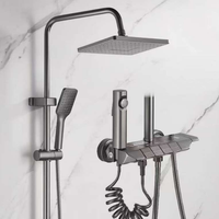 Ensemble de douche thermostatique en aluminium spatial, finition bronze huilé, avec pommeau de douche à 4 fonctions à commande par vis et poignée de porte en bronze moulé