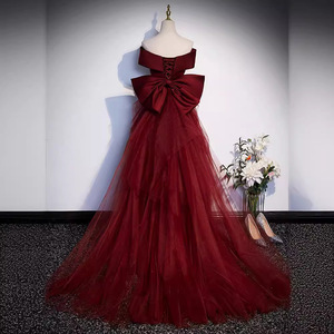 Wine Red Off The Shoulder Mermaid Evening Dress Asymmetric Tulle Skirt Formal Party Gown Women's Long Dress - Product Image 3