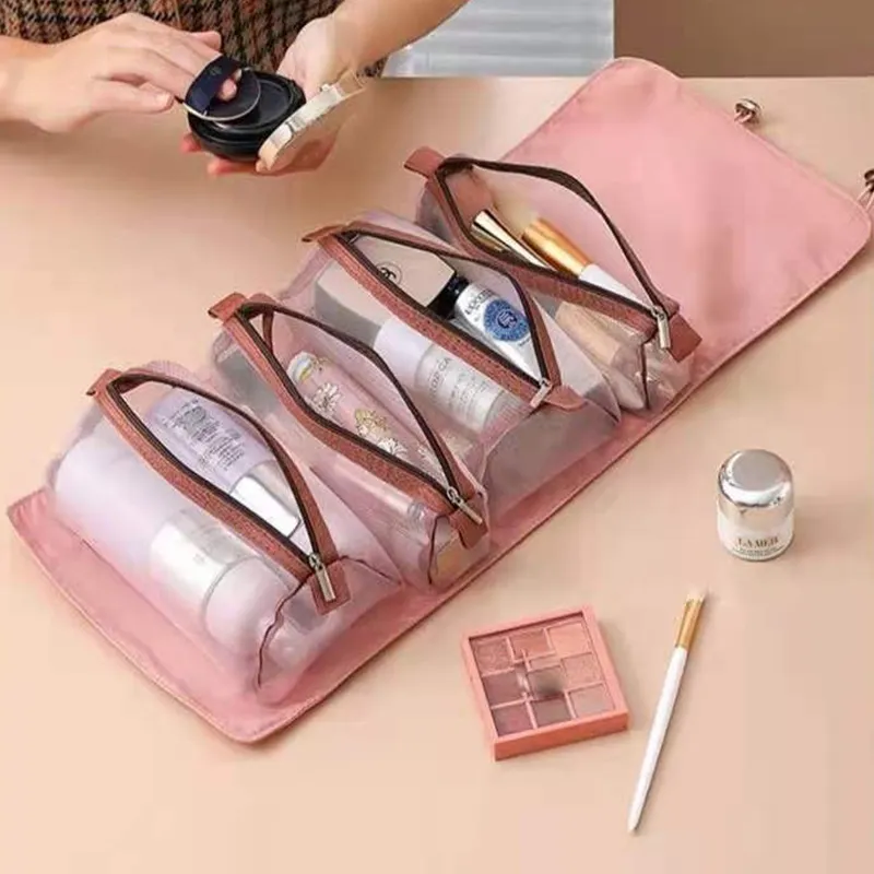 Özel seyahat ayrılabilir 4 in 1 kadın kozmetik örgü çanta ayrılabilir küçük çanta ile katlanabilir makyaj kutusu torba
