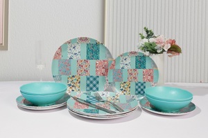 OEM 12-Piece Green Square Pattern <strong>Stitching</strong> Melamine Dinnerware Set Desserts <strong>Plate</strong> and Bowls for Wedding and Dinner - Product Image 3