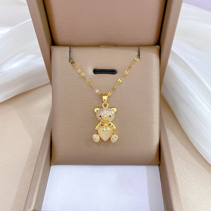 <span class=keywords><strong>Collier</strong></span> en acier inoxydable plaqué or 24 carats, style vintage, avec zircon complet, œil de chat, ours en peluche, élégant et luxueux - Product Image 2