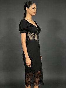 Elegante Vestido Midi Bodycon para Mujer, Manga Corta Abullonada, Escote Corazón, Diseño de Corsé de Encaje, Vestido Midi Negro para Fiesta - Product Image 2