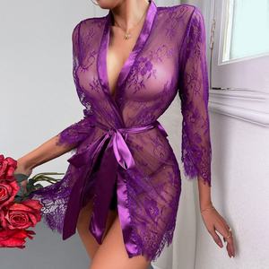 ملابس نوم مطرزة بالدانتيل للفتيات، قميص نوم طويل من قطعتين باللون الأرجواني، طقم روب مع شريط، ملابس نسائية، قميص نوم شفاف - Product Image 3