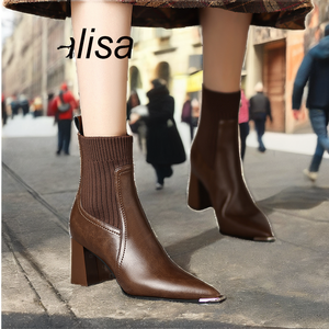 Chaussures-chaussettes respirantes à motif uni pour femme, en cuir véritable, automne/hiver, talons hauts - Product Image 2