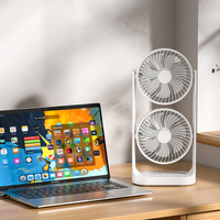Ventilateur de bureau portable en plastique à double tête, rotation à 360 degrés, 3 vitesses réglables, silencieux, alimenté par USB, économe en énergie