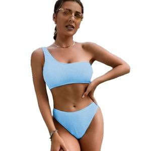 2025 playa sólido dos piezas un hombro Bikini para mujer Sexy cintura alta <span class=keywords><strong>Tanga</strong></span> Pantai y trajes de baño logotipo personalizado proveedor - Product Image 2