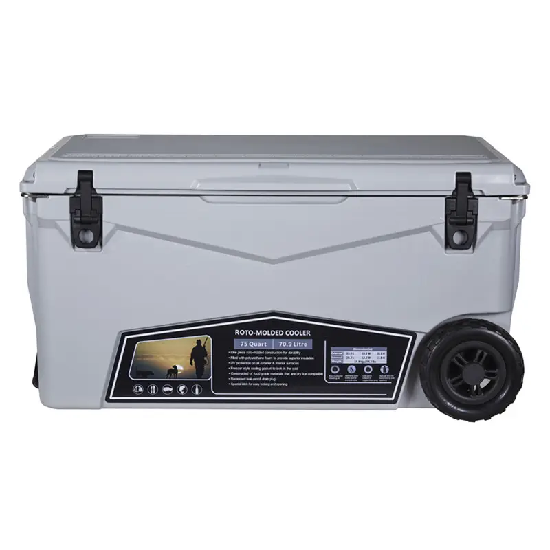 new design 70qt with wheels camping and fishing water rotomolded ice chest cooler box, cool box with bottle opener