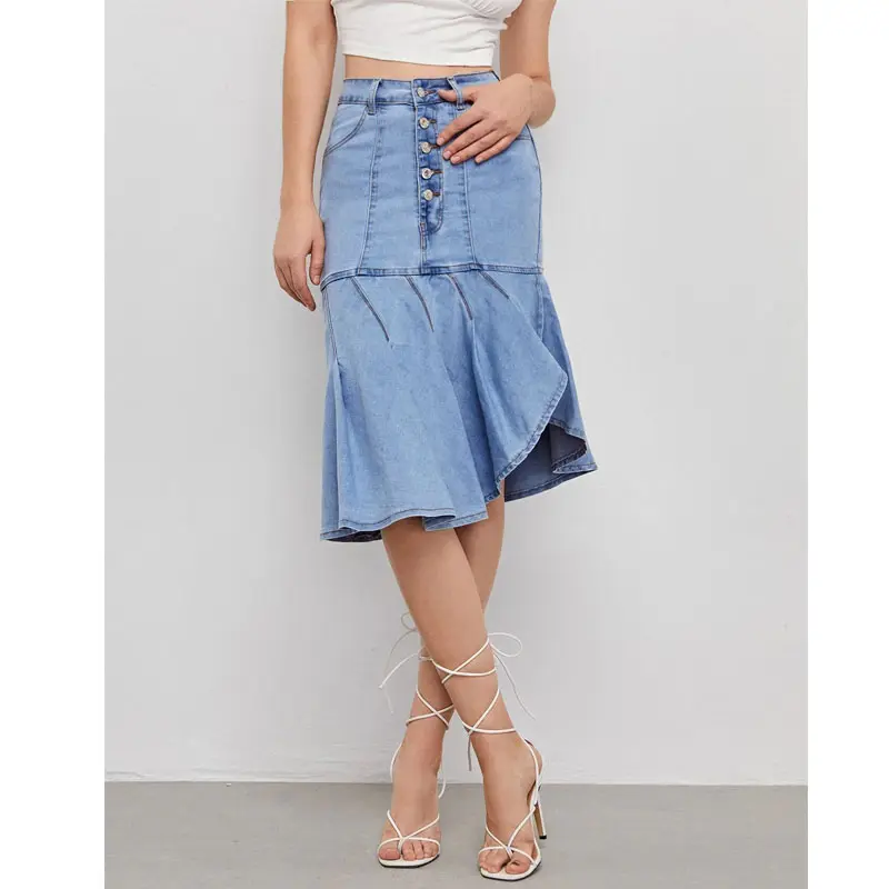 Custom light blue women denim pleated skirt high waist jeans woman skirts fashionable for ladies