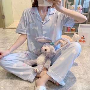 2026 Autumn Women's Solid Short Sleeve Pajamas Set Casual Quick Dry Cardigan & <b>Pants</b> Home Outwear - Product Image 3