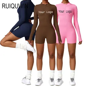 RUIQUWIN Jumpsuit Fitness Gym, baju terusan lengan panjang untuk olahraga Yoga, celana pendek aktif