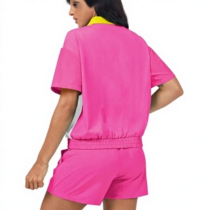 Women Color Block <b>Tracksuit</b> Set 2 Piece Short Sleeve Zip Up Jacket Pink Shorts Sporty <b>Y2K</b> Style Spring Summer Wear - Product Image 3