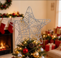 Décor de sommet d'arbre de Noël en forme d'étoile à cinq branches en métal ajouré, avec base à ressort spirale, rouge, or, argent, pour le sommet de l'arbre de Noël