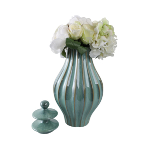 Vaso decorativo in ceramica scanalata con coperchio per l'arredamento del soggiorno, decorazione scultorea per la casa, centrotavola per la camera da letto. - Product Image 2