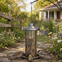 Mangeoire à oiseaux décorative avec tube transparent, ornement floral, cadre métallique, dôme, plateau à graines, chaîne de suspension, décoration de jardin, écologique, résistant à la rouille