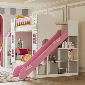 粉色木制城堡公主双层床儿童公主儿童床儿童女童带书桌储物楼梯滑梯衣柜