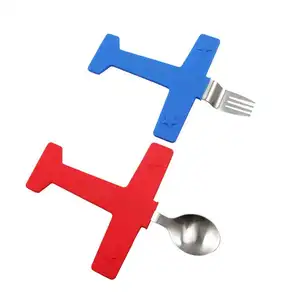 Plane shape silicone metal eco friendly spoon and fork set baby training