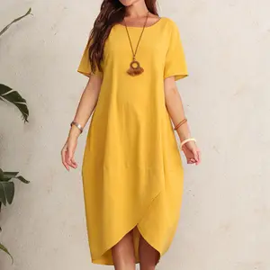 Custom 2023 Summer High Quality Bohemian Yellow Vestidos Casuais Holiday Plus Size Loose Linen O Neck Asymmetrical Hem Dress
