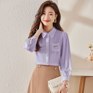 Chemise violette à manches longues pour femmes Han Duoyi, avec poches, coupe ajustée, pour le printemps, l'automne et l'été - Product Image 1