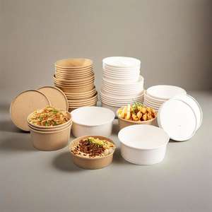 ชุดอาหารแบบนำกลับบ้าน กล่องกระดาษคราฟท์ย่อยสลายได้ ชามซุปสีขาวแบบใช้แล้วทิ้ง ชามใส่ก๋วยเตี๋ยวพร้อมฝาปิด - Product Image 1