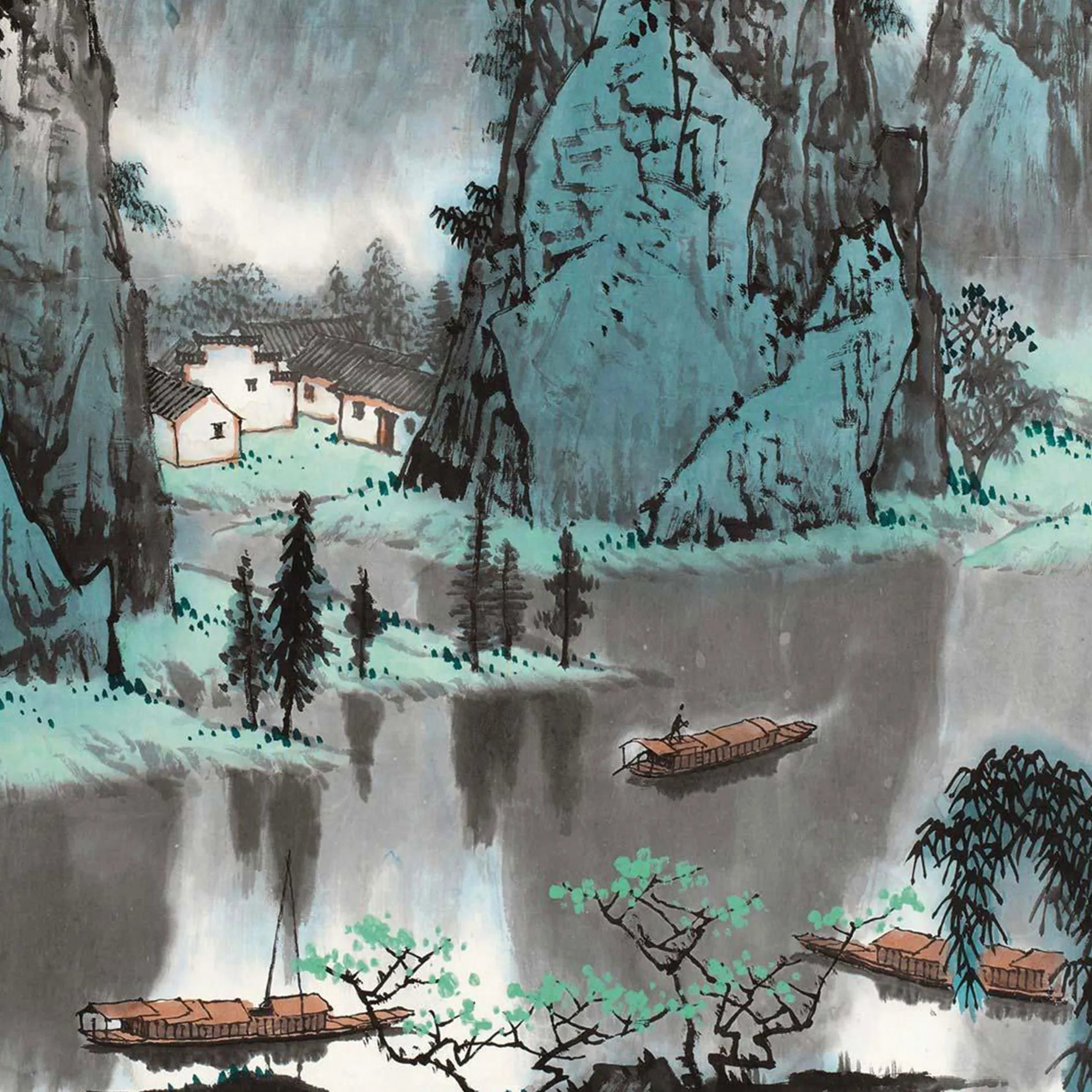 Lukisan tinta gaya Tiongkok Modern Alpine Stream kanvas cetak kaca dinding seni lukisan untuk dekorasi rumah Gambar berlian imitasi