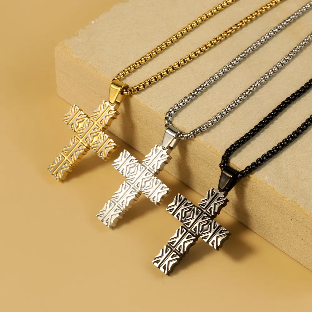 Large Casting 18k Gold Plated Box Chain Cross Jewelry Stainless Steel Pendant Necklace for men