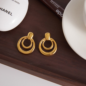 Boucles d'oreilles créoles géométriques double couche en acier inoxydable doré, style fête et mode - Product Image 2